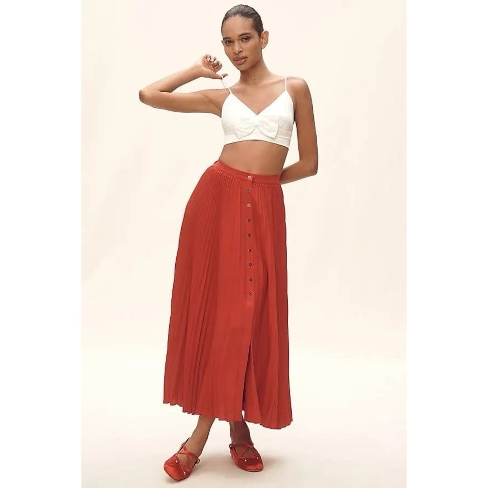 Maeve ANTHROPOLOGIE Maxi‎ Skirt Size XL Red Pleated Women's Button Front